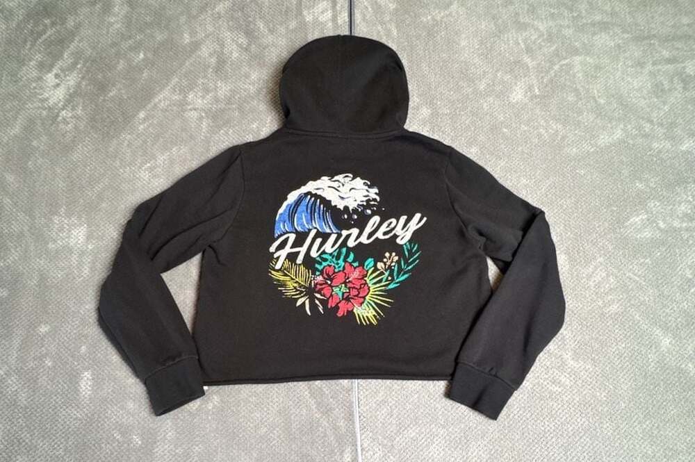 Hurley Black Floral Wave Graphic Cropped Hoodie Size M. 1219